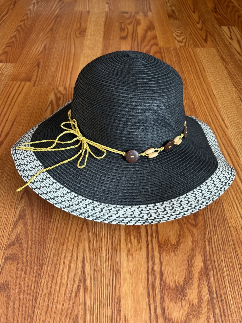 Black Wide-Brim Sun Hat with Yellow Accent 15 inch Bead Accent